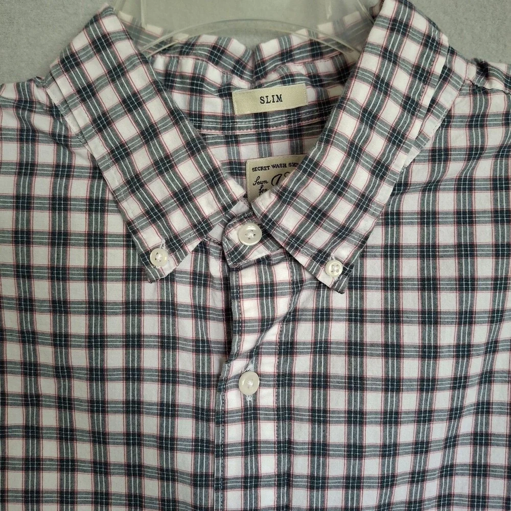 J Crew 2XL Shirt Slim Fit Button Down Gray Red Plaid Stretch Cotton Blend Casual